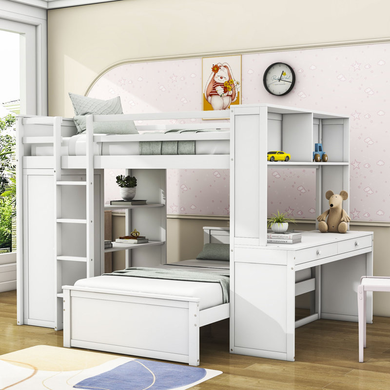 Sherise Kids Full Over Twin 2 Drawers Wooden Bunk Bed with Shelves Desk and Wardrobe Harriet Bee Bed Frame Color White